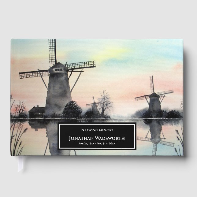Condolence Windmills in Kinderdijk Watercolor Guest Book (Front)