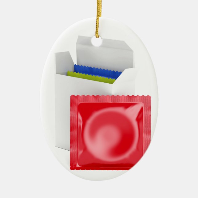 Condoms on white background ceramic tree decoration (Front)