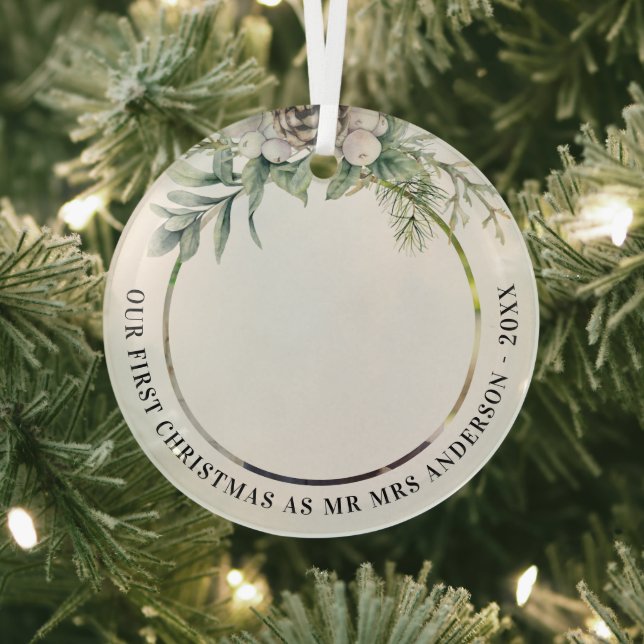 Cone greenery newly weds 1st christmas photo glass tree decoration (Insitu)