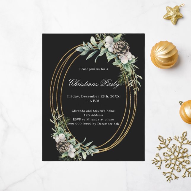 Cone pine black gold Christmas Party invitation (Creator Uploaded)