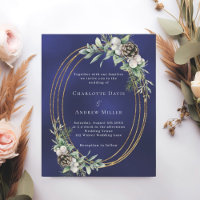 Cone pine greenery blue wedding invitation