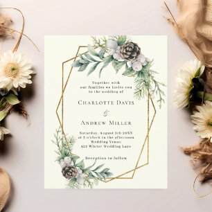 Cone pine greenery geo ivory wedding invitation