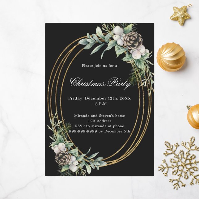 Cone pine greenery gold black Christmas Party Invitation (Creator Uploaded)