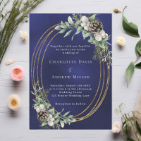 Cone pine greenery gold frame blue wedding