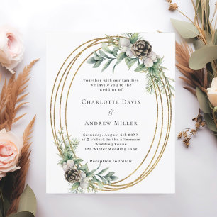 Cone pine greenery gold frame wedding invitation