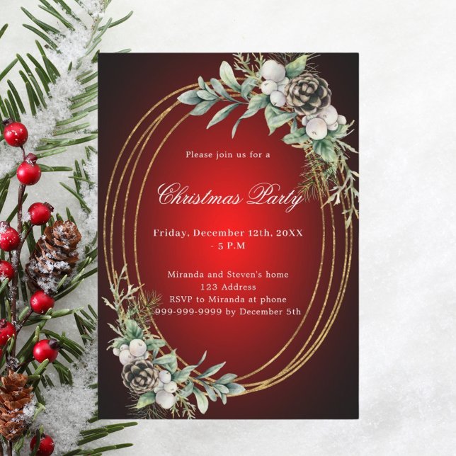 Cone pine greenery red gold Christmas Party Invitation (Creator Uploaded)