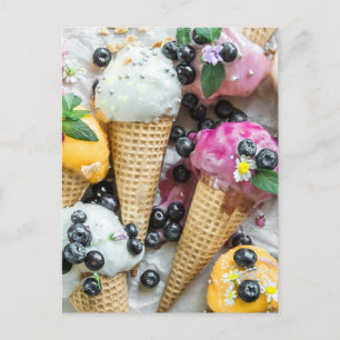 Coned Ice Cream With Blueberries And Flowers Postcard