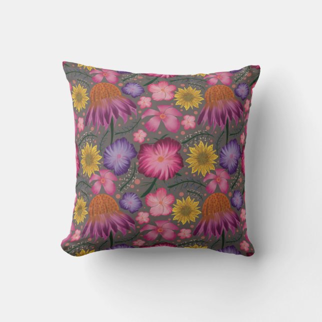 Coneflower Grey Floral Pattern Cushion (Front)