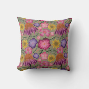 Coneflower Sage Green Floral Pattern Cushion