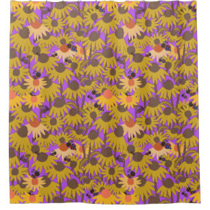 Coneflowers and Bees Purple Background Shower Curtain