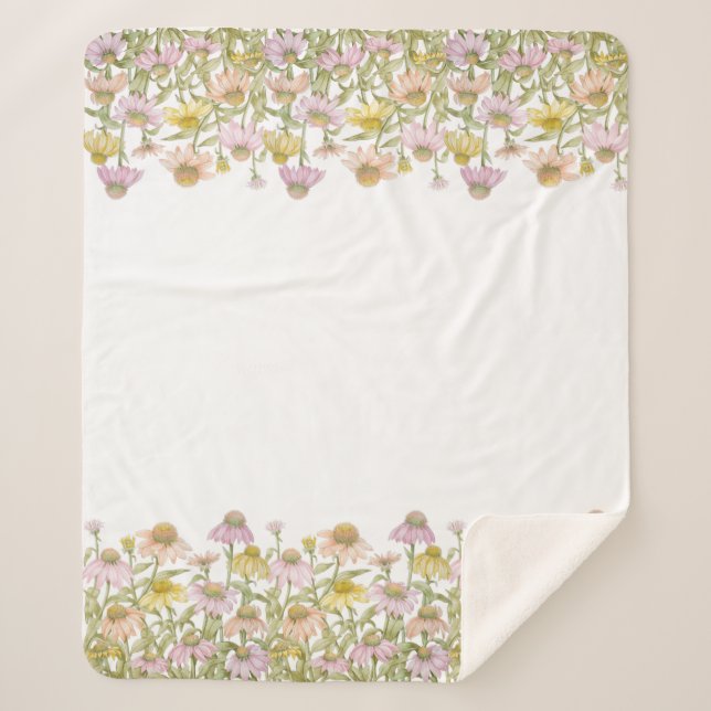 Coneflowers Floral Botanical Art Watercolor Medium Sherpa Blanket (Front)