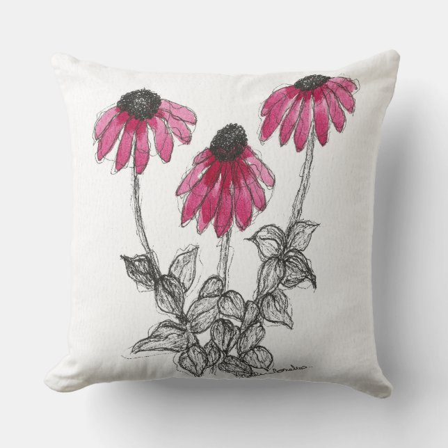 Coneflowers Watercolor and Ink Cushion (Front)