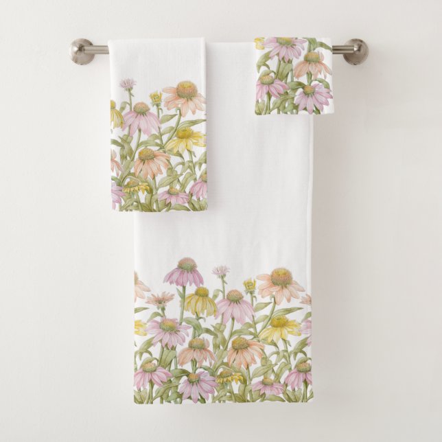 Coneflowers Watercolor Botanical Art Bath Towel Set (Insitu)