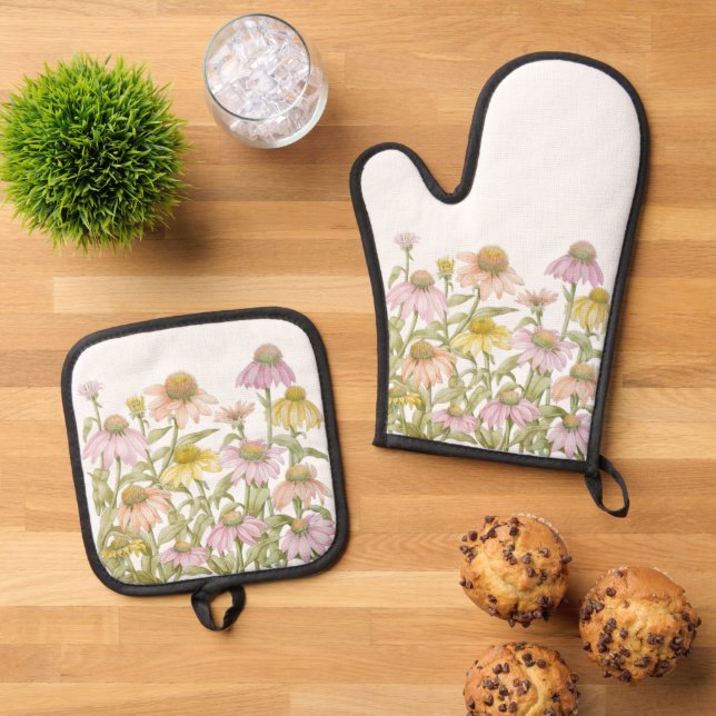 Coneflowers Watercolor Botanical Art Oven Mitt & Pot Holder Set (Top Down)
