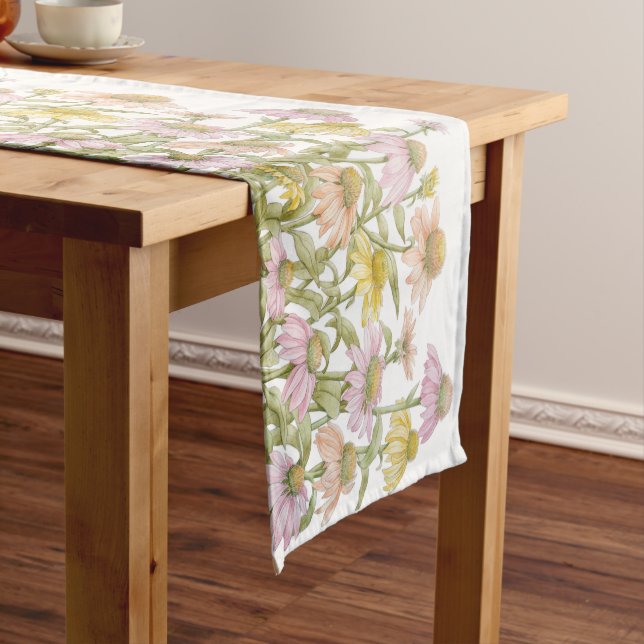 Coneflowers Watercolor Botanical Art Short Table Runner (In Situ)