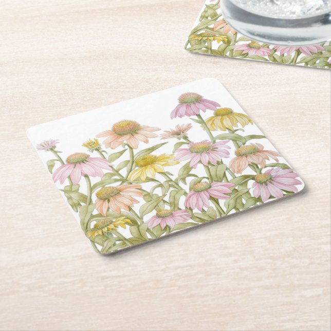 Coneflowers Watercolor Botanical Art Square Paper Coaster (Angled)