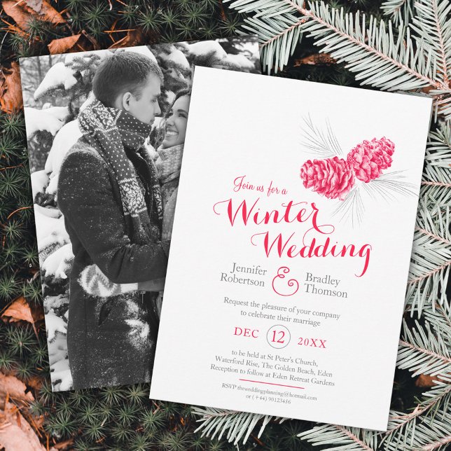 Cones art red grey winter wedding photo invitation (Creator Uploaded)