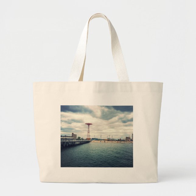 Coney Island Beach Panorama Large Tote Bag (Front)