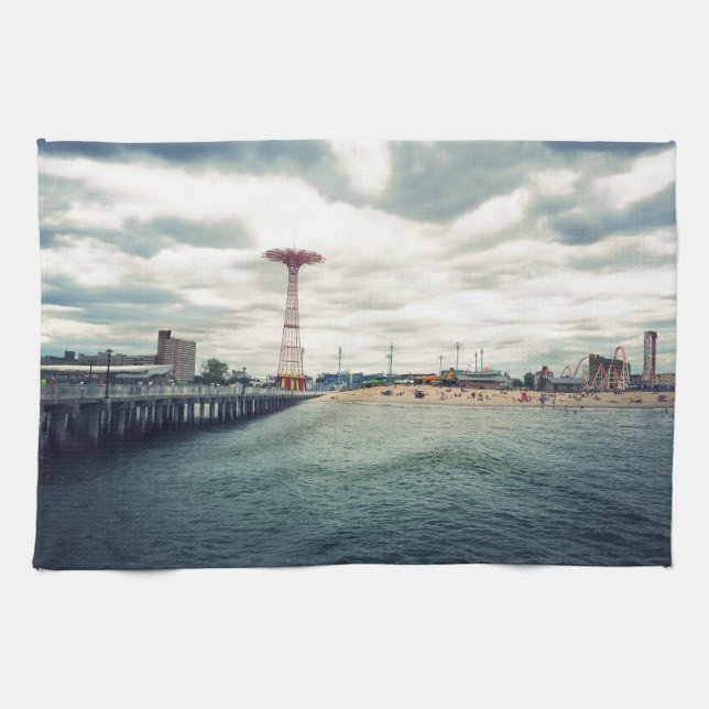 Coney Island Beach Panorama Tea Towel (Horizontal)