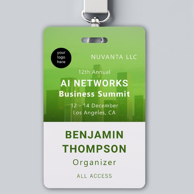 Conference Business Corporate Event Green Photo ID Badge (event badge template business corporate networking conference design modern green photo branding)