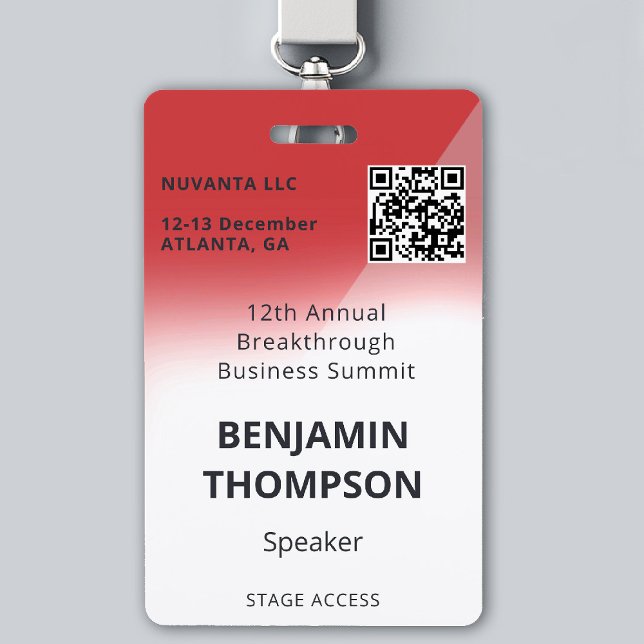 Conference Corporate Business Event Bold Red QR ID Badge (event badge template business corporate conference design modern professional branding bold red qr)