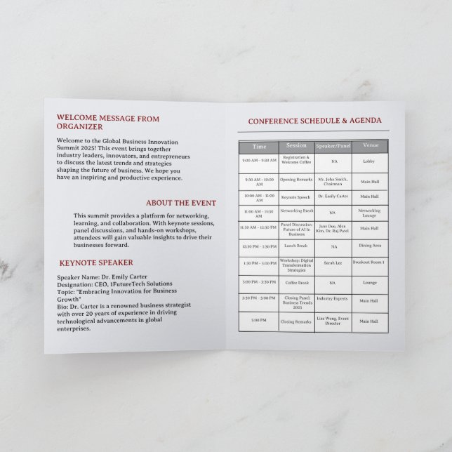 Conference Event or Business Meeting Schedule  Programme (Inside)