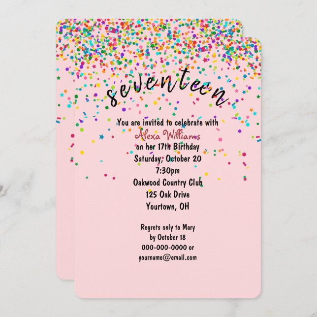confetti 17th Birthday Party Invitation (Front/Back)