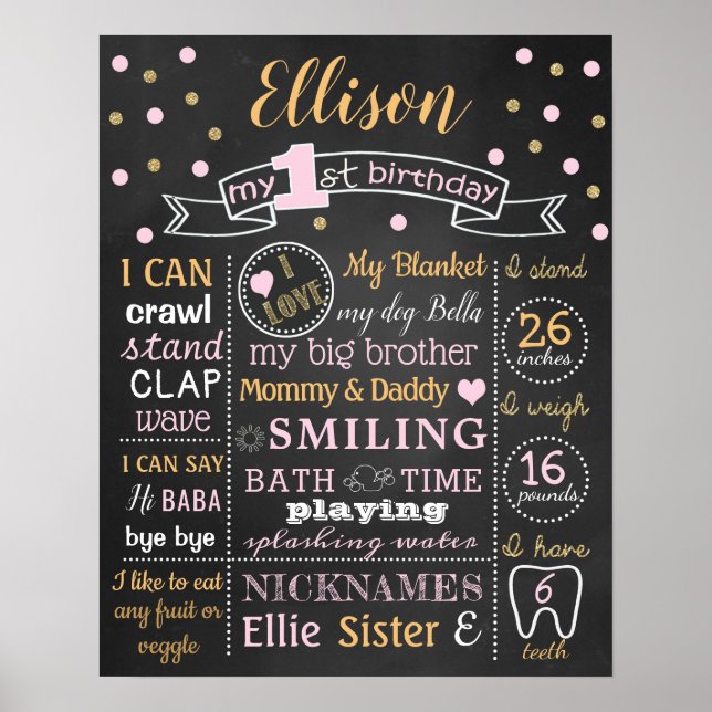 Confetti 1st First Birthday chalkboard sign poster (Front)