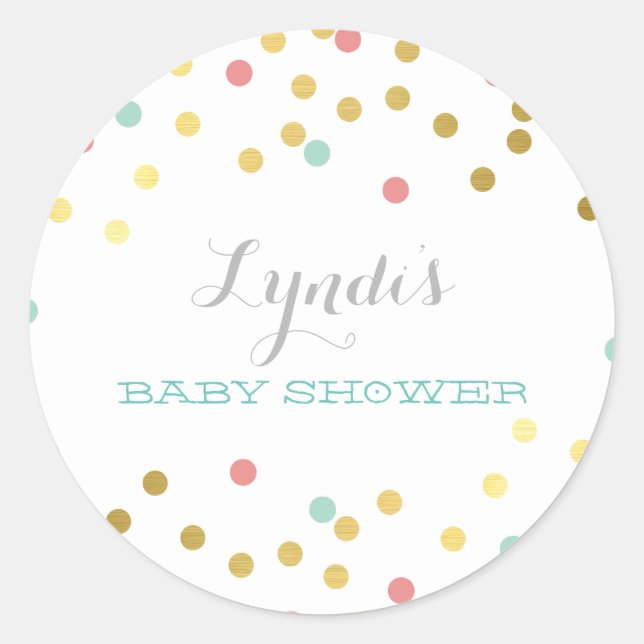 CONFETTI BABY SHOWER cute gold foil coral mint Classic Round Sticker (Front)