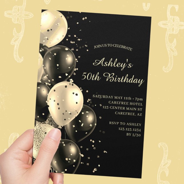 Confetti Balloons Black and Gold 50th Birthday Invitation (Creator Uploaded)