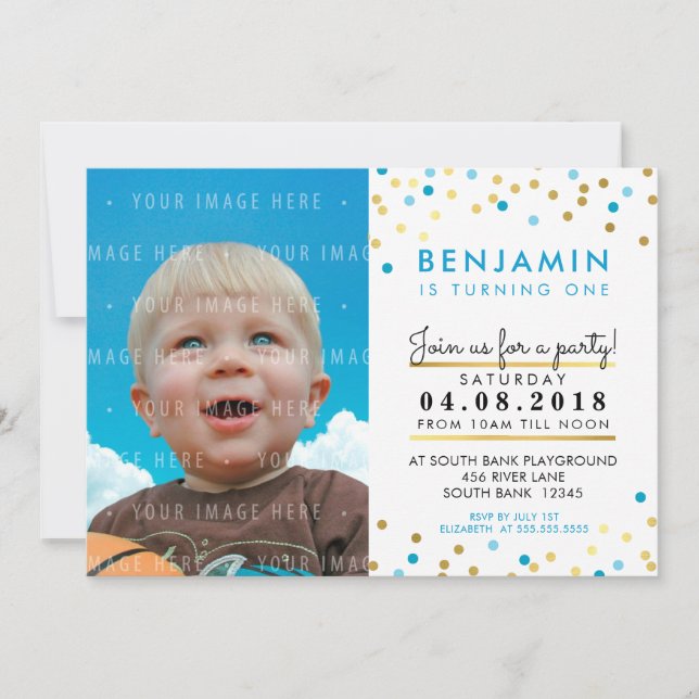 CONFETTI birthday party INVITE blue gold spots boy (Front)