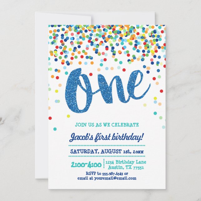 Confetti Blue Glitter First Birthday Invitation (Front)