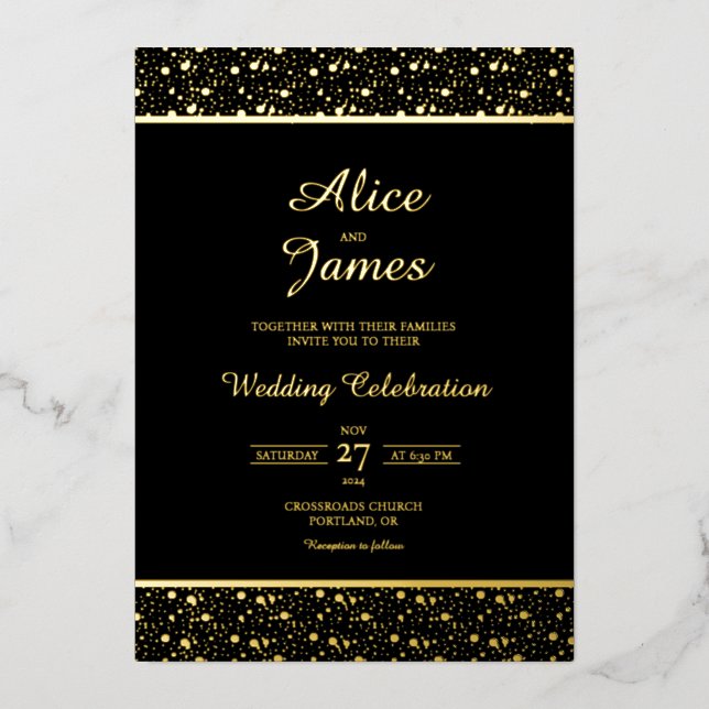 Confetti Border Black Gold Foil Wedding Invitation (Front)
