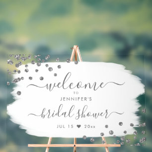 Confetti Bridal Shower Welcome Silver White Acrylic Sign