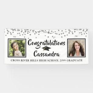 Confetti Brush Script Then & Now Photos Graduation Banner