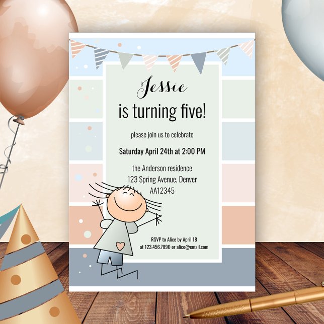 Confetti Bunting Striped Simple Kids Birthday Invitation (Creator Uploaded)