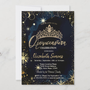 Confetti Celestial Stars Navy Blue Quinceañera Invitation