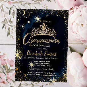Confetti Celestial Stars Navy Blue Quinceañera Invitation