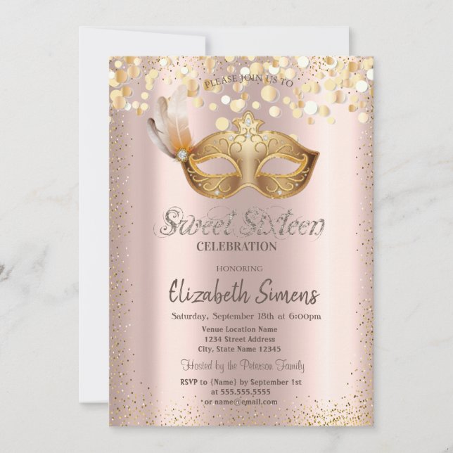  Confetti Chic Masque Rose Gold Sweet 16 Invitation (Front)