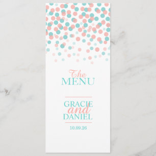 Confetti coral orange teal green wedding menu