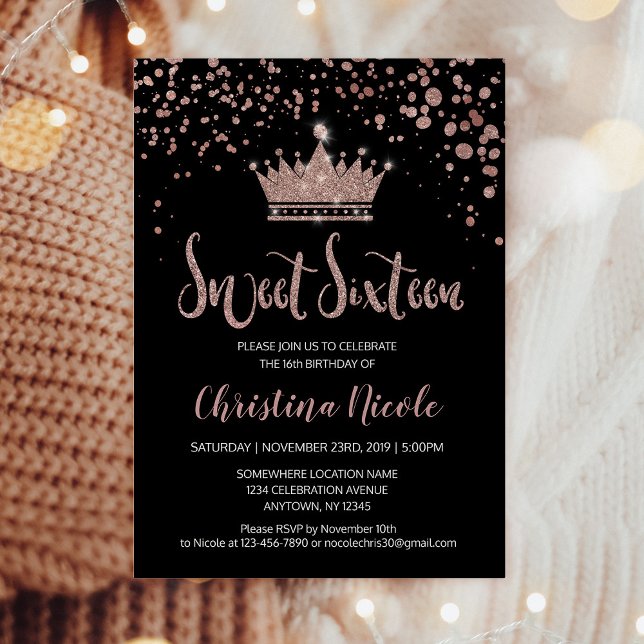 Confetti Crown Rose Gold Black Glam Sweet 16 Invitation (Creator Uploaded)