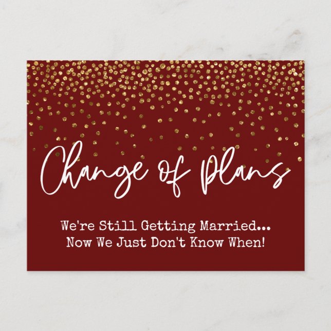 Confetti Dark Red Change of Plan Postponed Wedding Postcard (Front)