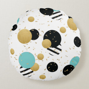 Confetti Dot Party Black Teal and Gold Circular Round Cushion