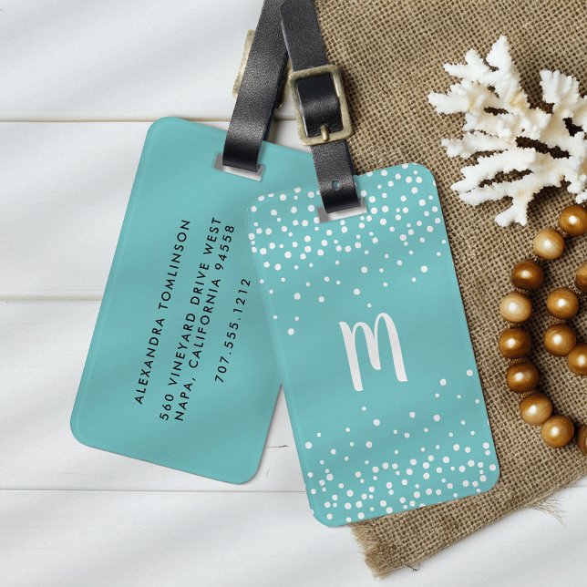 Confetti Dots Monogram Luggage Tag | Aqua (Creator Uploaded)