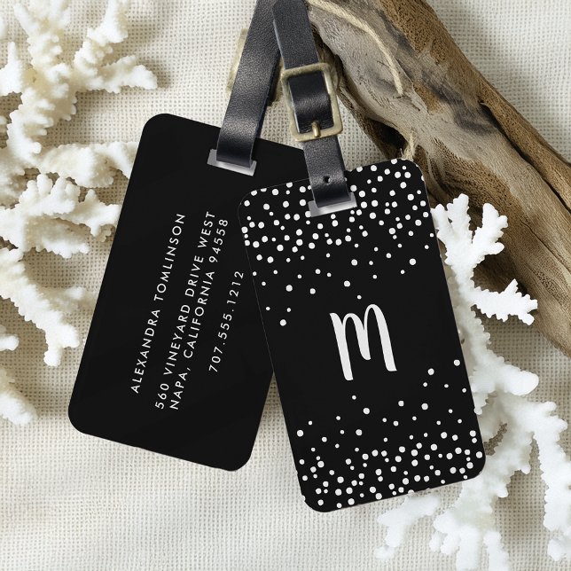 Confetti Dots Monogram Luggage Tag | Black & White (Creator Uploaded)