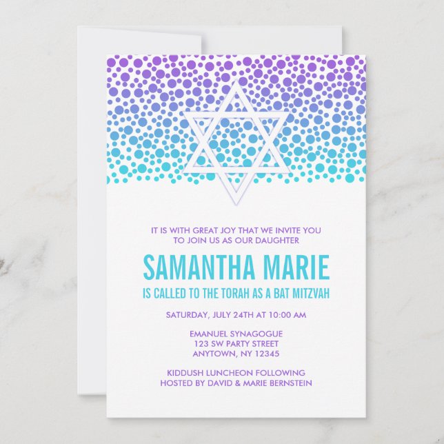 Confetti Dots Purple Teal Bat Mitzvah Invitation (Front)