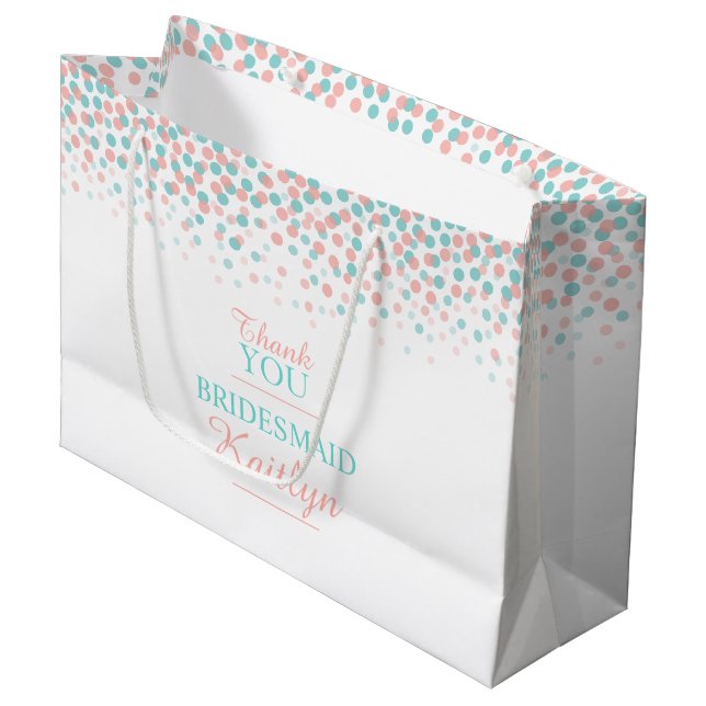 Confetti dots teal coral orange wedding gift bag (Front Angled)
