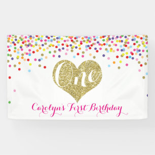 Confetti First Birthday Banner Gold Glitter Heart