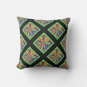 Confetti Flower in black & lime green plaid Outdoor Cushion