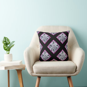 Confetti Flower in black & pink plaid Cushion
